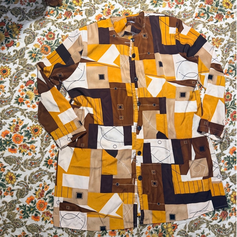 Vintage Abstract Geometric Button Up Tunic Top Brown Yellow Longline Blouse - L